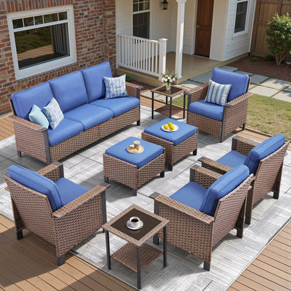 Expansive 9-Piece Conversation Group — Sofa, Quad Seating, Double Ottomans & Garden Accent Tables, WNG Series