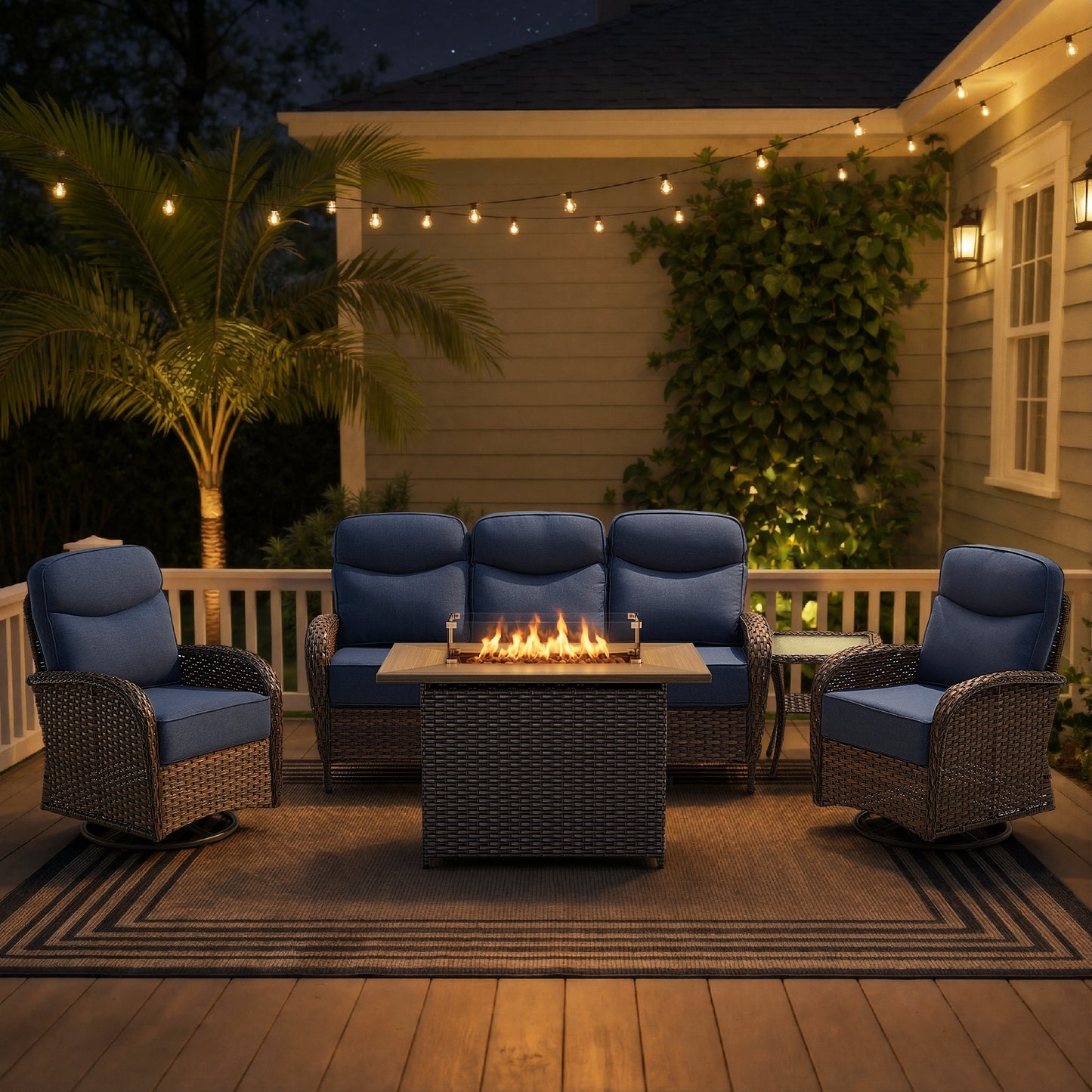 Luxury 5-Piece Rattan Patio Furniture Set with Wicker Fire Pit Table – 6" Cushions for Garden & Backyard Living, ND Series - Belord