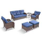 Belord T Series 5-piece patio set with brown all-weather wicker, blue cushions, includes sofa, chairs, side table, and ottomans.