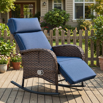 Outdoor Wicker Rocking Recliner Chair with Adjustable Backrest & Footrest, Cushioned PE Rattan Patio Lounge Chair, NDS Series - Belord