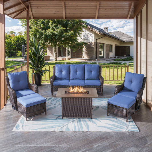 6-Piece Outdoor Rectangular Fire Pit Table Set with 33-Seat Sofa, Swivel Chairs & Footrests, NTC Series