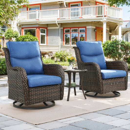 3-Piece Outdoor Rattan Swivel Glider Set: 2 Chairs + Side Table with 5" Thick Cushions – NTC Series