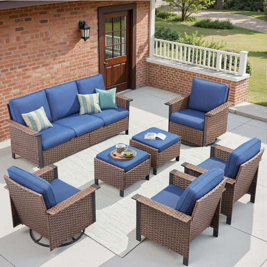 7-Piece All-Weather Wicker Patio Furniture Set: 1 Sofa, 2 Swivel Chairs, 2 Patio Chairs, 2 Ottomans, WNG Series