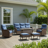 Premium 7-Piece Wicker Patio Set with Rattan Fire Pit Table – High-Back Seating for Garden Relaxation, ND Series - Belord