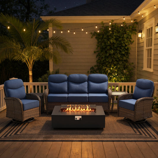 Upgraded 6" Cushion Luxury 5-Piece Patio Furniture Set with Split Fire Pit Table – High-Back Swivel Chairs for Cozy Summer Nights, ND Series - Belord