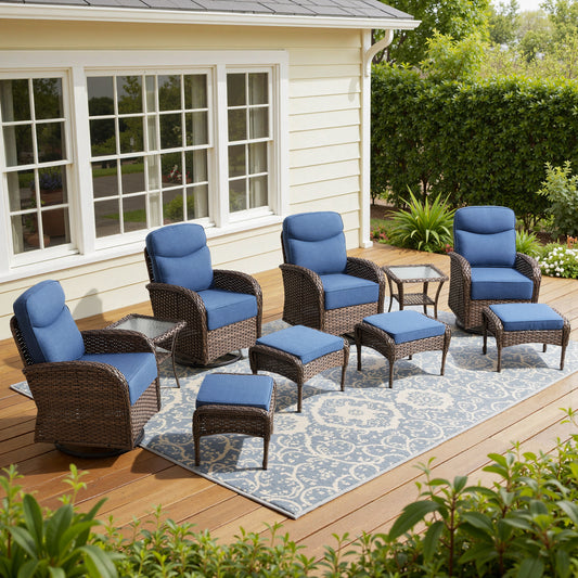 Premium 10-Piece Swivel Chair Patio Set – Deep 6" Cushions & Ottomans for Flexible Outdoor Lounging, ND Series - Belord