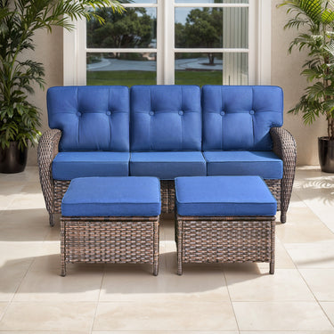 T Series 3-Piece Patio Set: 1 T-Back Sofa + 2 Ottomans – All-Weather PE Wicker with 5in Thick Cushions - Belord
