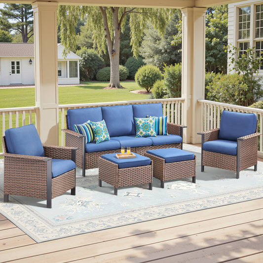5-Piece All-Weather PE Wicker Conversation Set — Includes 1 Sofa, 2 Patio Chairs & 2 Ottomans with Cushions, WNG Series