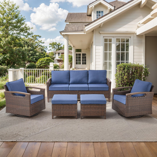 BBR Series 5-Piece Outdoor Sofa Set: 2 Swivel Chairs  + 3-Seater with Ottomans