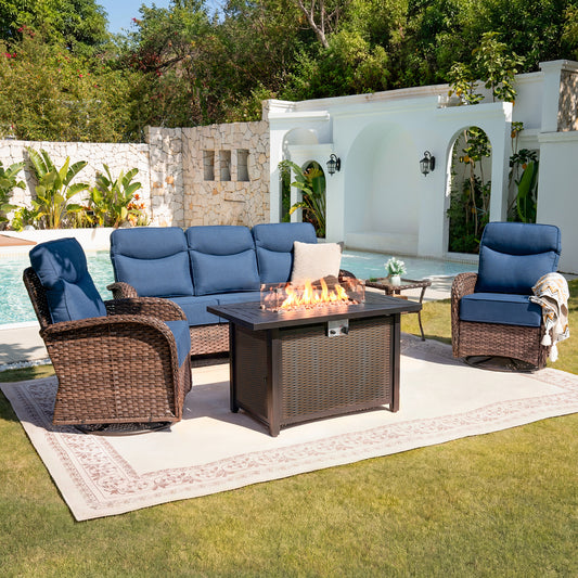 Premium 5-Piece Wicker Patio Set with Rectangular Metal Fire Pit Table – High Back Swivel Seating for Patio & Deck, ND Series - Belord