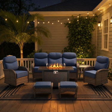 Luxury 7-Piece Patio Lounge Set with Metal Fire Pit Table & Ottomans – Deep Cushion Comfort for Deck Evenings, ND Series - Belord