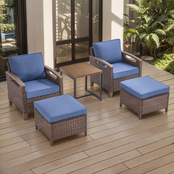 BBR Series 5-Piece Outdoor Set: 2 Patio Chairs, Footrests & Side Table - Premium All-Weather Wicker Patio Furniture - Belord