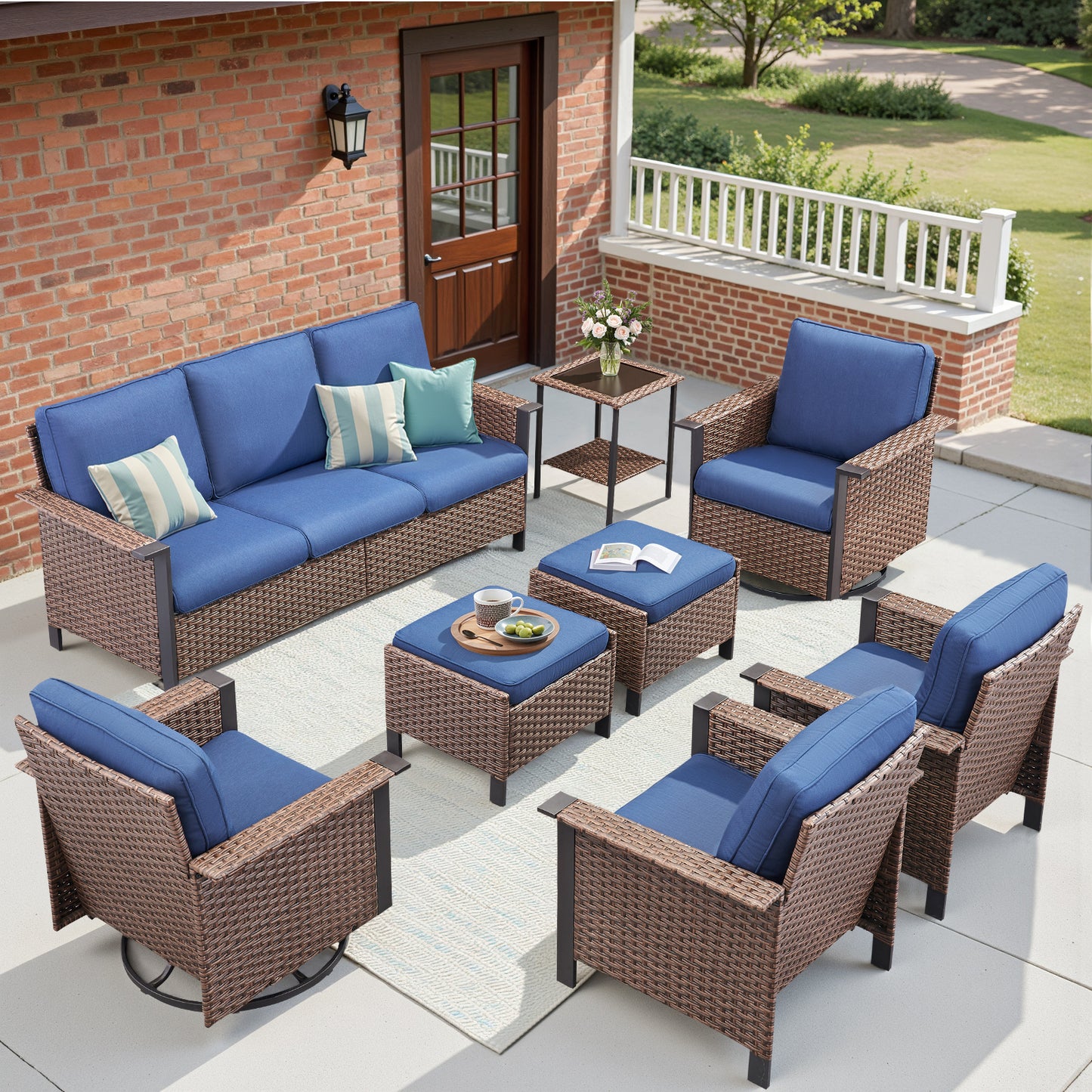 8-Piece Patio Set with Swivel Chairs: All-Weather Wicker 3-Seater Sofa, 2 Ottomans & Rattan Side Table, WNG Series