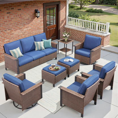 8-Piece Patio Set with Swivel Chairs: All-Weather Wicker 3-Seater Sofa, 2 Ottomans & Rattan Side Table, WNG Series