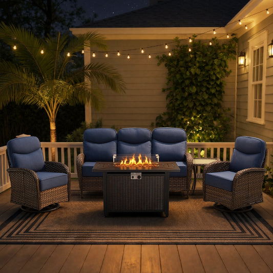 Premium 5-Piece Wicker Patio Set with Rectangular Metal Fire Pit Table – High Back Swivel Seating for Patio & Deck, ND Series - Belord