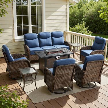Premium 8-Piece Patio Conversation Set with Metal Fire Pit Table – All-Weather Wicker for Outdoor Parties, ND Series - Belord
