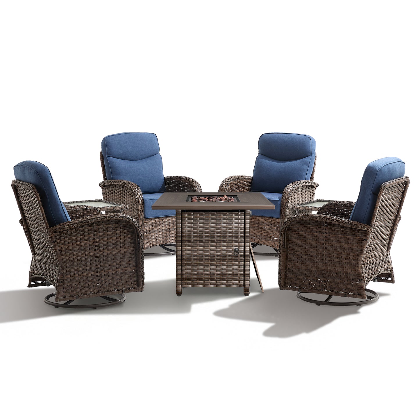 Premium 7-Piece Patio Swivel Chair Set with Square Wicker Fire Pit Table – Cozy Garden Lounge Style, ND Series - Belord