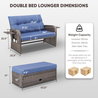 Outdoor Rattan Daybed Set with Multipurpose Ottoman & Side Tray, NDS Series - Belord