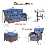 Belord T Series 5-piece patio set with brown PE wicker, blue cushions, includes 3-seater sofa, 2 chairs, side table, and 2 ottomans.