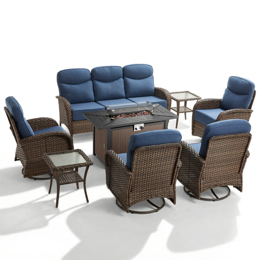 Premium 8-Piece Patio Conversation Set with Metal Fire Pit Table – All-Weather Wicker for Outdoor Parties, ND Series - Belord