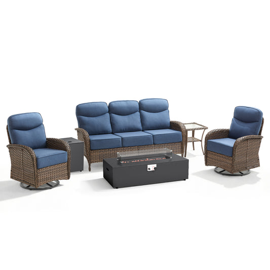 Upgraded 6" Cushion Luxury 5-Piece Patio Furniture Set with Split Fire Pit Table – High-Back Swivel Chairs for Cozy Summer Nights, ND Series - Belord