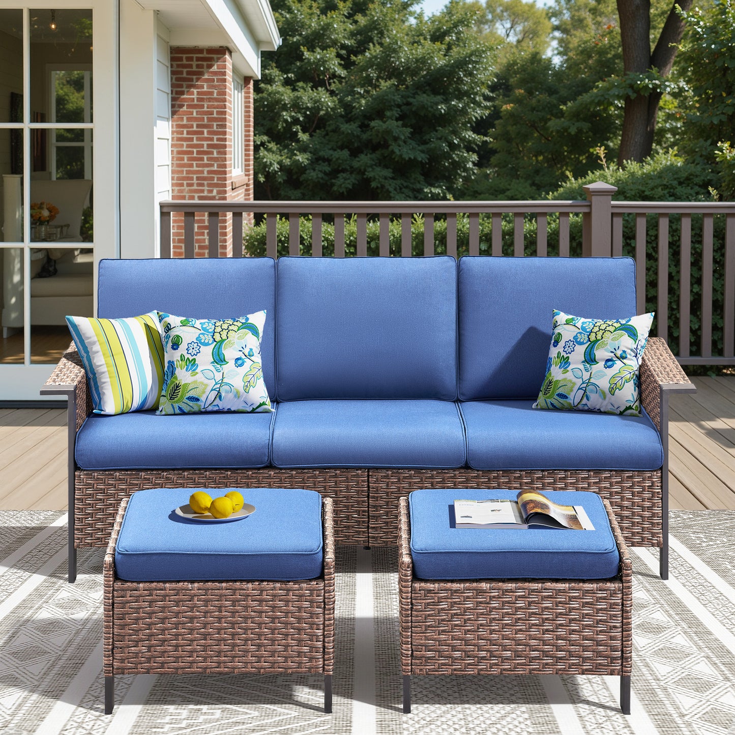 All-Weather Rattan Patio Sofa Set (3 PCS) — High-Back 3-Seater Deep Seat Couch with Ottomans, WNG Series