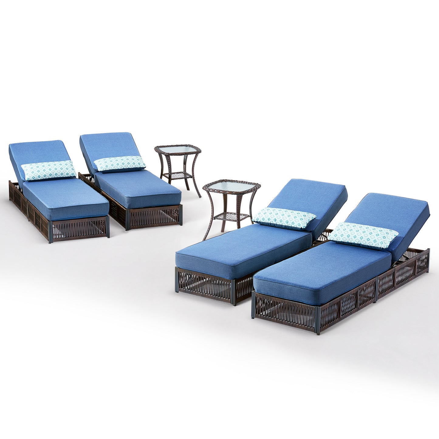 6-Piece Wicker Patio Lounge Set – 4 Adjustable 76.8" Chaise Lounges with 5-Inch Cushions + 2 Side Tables, NTC Series