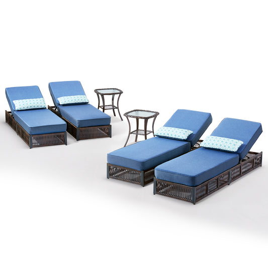 6-Piece Wicker Patio Lounge Set – 4 Adjustable 76.8" Chaise Lounges with 5-Inch Cushions + 2 Side Tables, NTC Series
