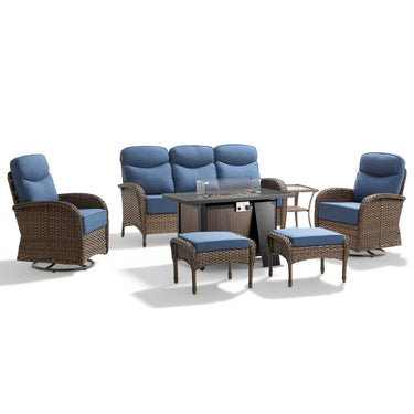 Luxury 7-Piece Patio Lounge Set with Metal Fire Pit Table & Ottomans – Deep Cushion Comfort for Deck Evenings, ND Series - Belord