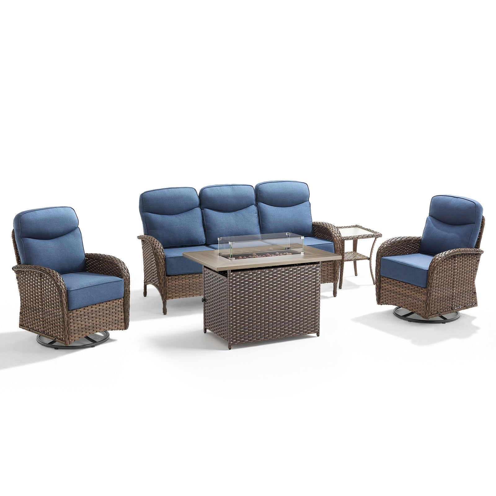 Luxury 5-Piece Rattan Patio Furniture Set with Wicker Fire Pit Table – 6" Cushions for Garden & Backyard Living, ND Series - Belord