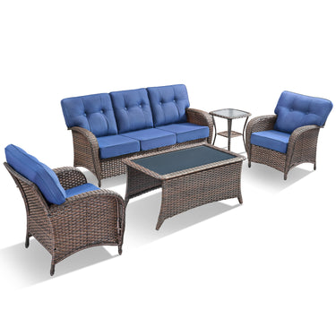 Belord luxury 5-piece patio conversation set with brown PE wicker, blue cushions, includes sofa, chairs, side and coffee tables.