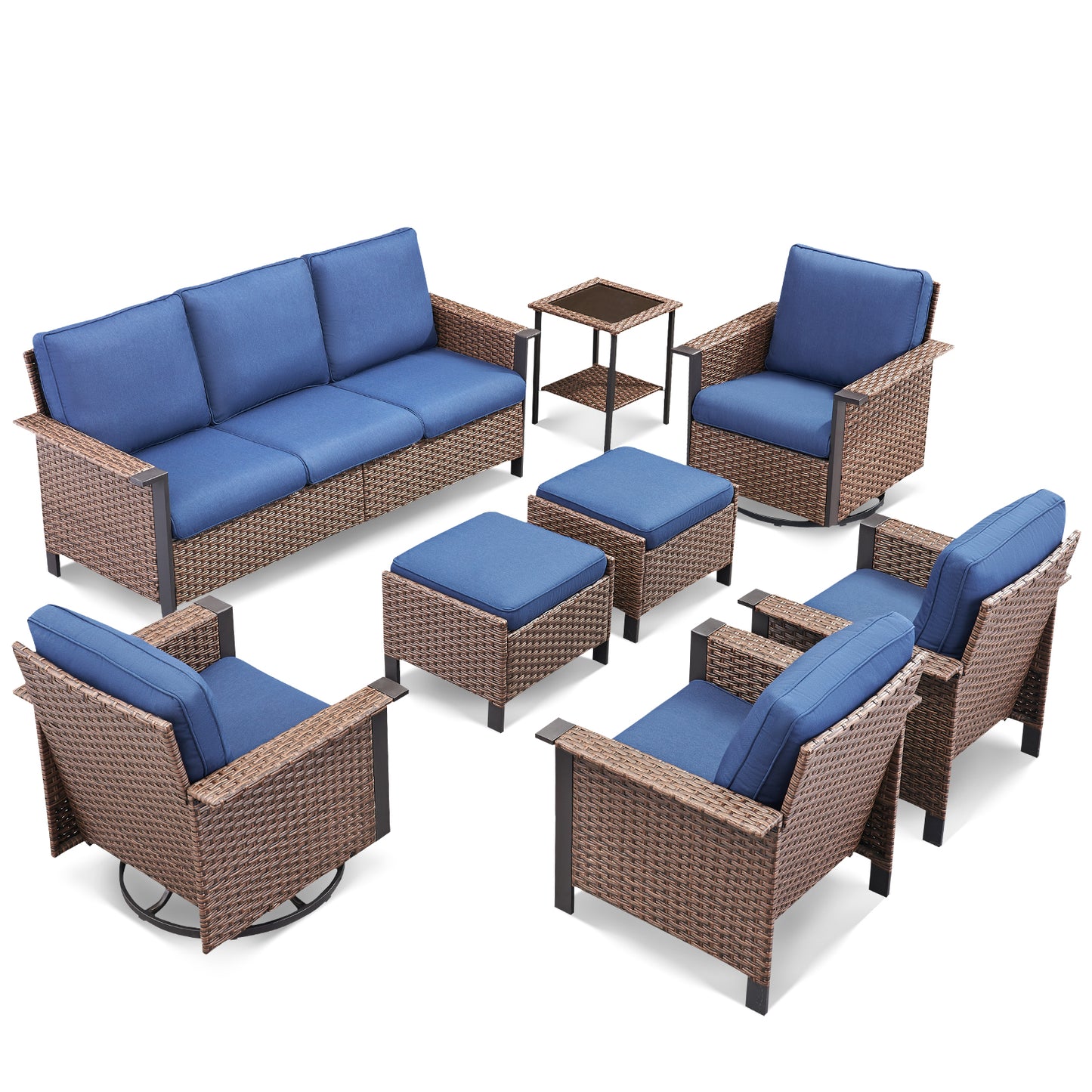 8-Piece Patio Set with Swivel Chairs: All-Weather Wicker 3-Seater Sofa, 2 Ottomans & Rattan Side Table, WNG Series