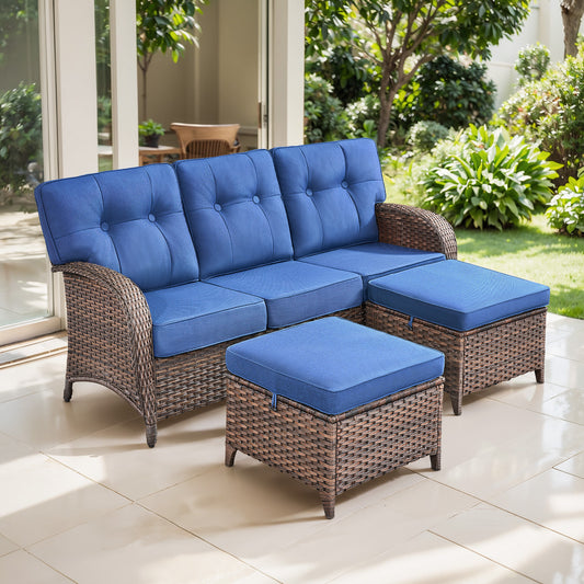 T Series 3-Piece Patio Set: 1 T-Back Sofa + 2 Ottomans – All-Weather PE Wicker with 5" Thick Cushions