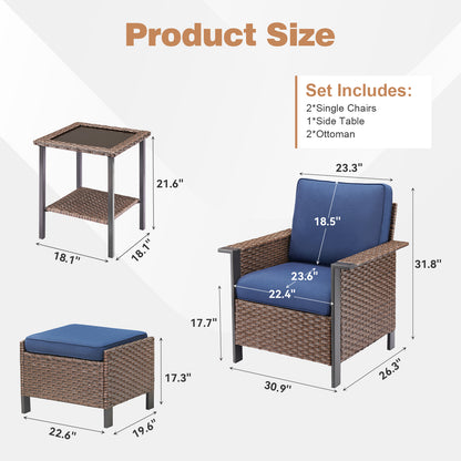 5-Piece Patio Set: 2 High-Back Wicker Patio Chairs, 2 Ottomans & 1 Glass Side Table, WNG Series