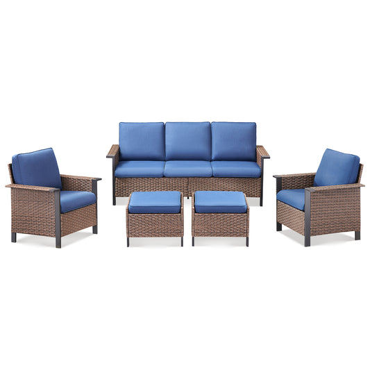 5-Piece All-Weather PE Wicker Conversation Set — Includes 1 Sofa, 2 Patio Chairs & 2 Ottomans with Cushions, WNG Series
