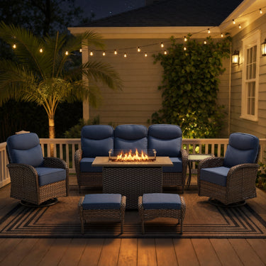 Premium 7-Piece Wicker Patio Set with Rattan Fire Pit Table – High-Back Seating for Garden Relaxation, ND Series - Belord
