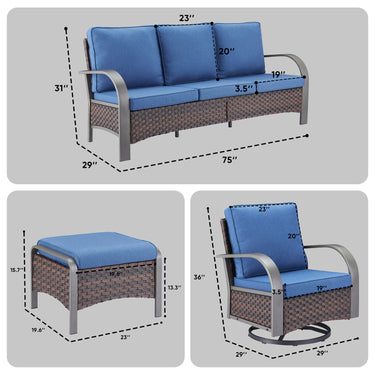 Patio Conversation Set 5-Piece with 1 Sofa, 2 Swivel Glider Chairs, 2 Ottoman, HW Series - Belord