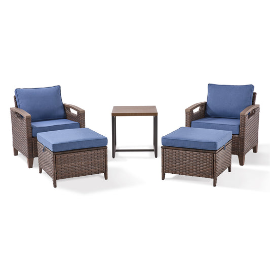 BBR Series 5-Piece Outdoor Set: 2 Patio Chairs, Footrests & Side Table - Premium All-Weather Wicker Patio Furniture