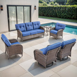 Belord luxury 6-piece patio conversation set with brown PE wicker, blue cushions, including sofa, swivel rockers, chairs, and side table