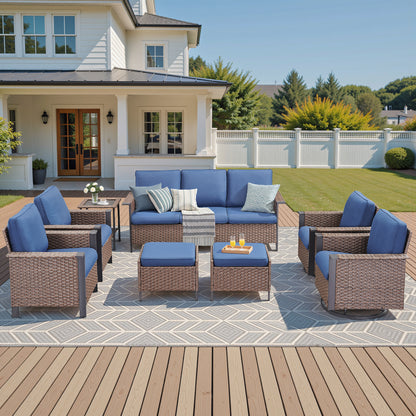 8-Piece Patio Set with Swivel Chairs: All-Weather Wicker 3-Seater Sofa, 2 Ottomans & Rattan Side Table, WNG Series