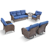 Belord luxury 6-piece patio conversation set with brown PE wicker, blue cushions, includes sofa, swivel rockers, chairs, and side table.