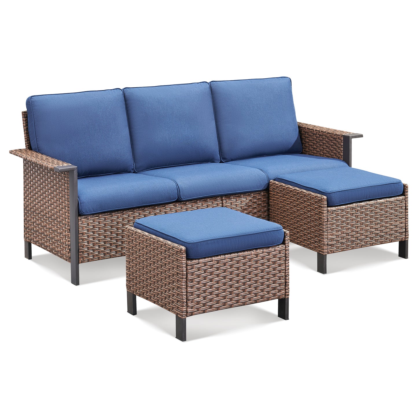 All-Weather Rattan Patio Sofa Set (3 PCS) — High-Back 3-Seater Deep Seat Couch with Ottomans, WNG Series