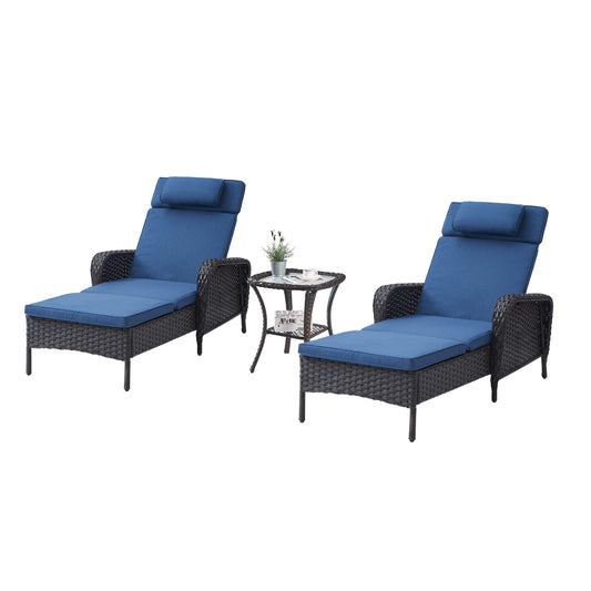 3-Piece Outdoor Wicker Lounge Set – 2 Adjustable 75" Chaise Lounges + Side Table, All-Weather Rattan, NTC Series