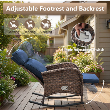 Outdoor Wicker Rocking Recliner Chair with Adjustable Backrest & Footrest, Cushioned PE Rattan Patio Lounge Chair, NDS Series - Belord