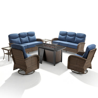 Modern 7-Piece Patio Conversation Set with Rectangular Fire Pit Table – All-Weather Wicker & High Back Comfort, ND Series - Belord
