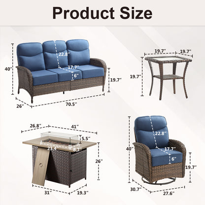 Luxury 5-Piece Rattan Patio Furniture Set with Wicker Fire Pit Table – 6" Cushions for Garden & Backyard Living, ND Series - Belord