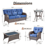 Belord luxury 5-piece patio conversation set with brown PE wicker, blue cushions, T-back design, includes sofa, chairs, and tables.