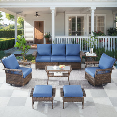 Patio Conversation Set 7-Piece with Sofa, Swivel Glider Chairs, Coffee Table, Side Table, and Ottoman, SS Series - Belord