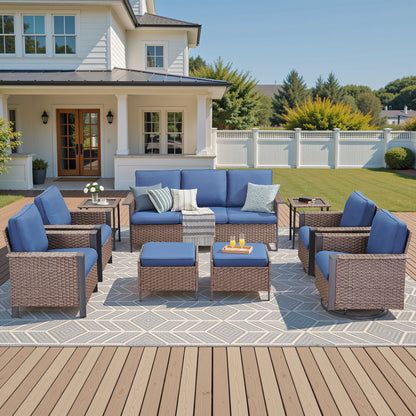 Large 9-Piece Conversation Set — Sofa, 4 Chairs (2 Swivel & 2 Patio Chairs), 2 Ottomans, 2 Side Tables, WNG Series