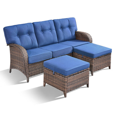 T Series 3-Piece Patio Set: 1 T-Back Sofa + 2 Ottomans – All-Weather PE Wicker with 5in Thick Cushions - Belord